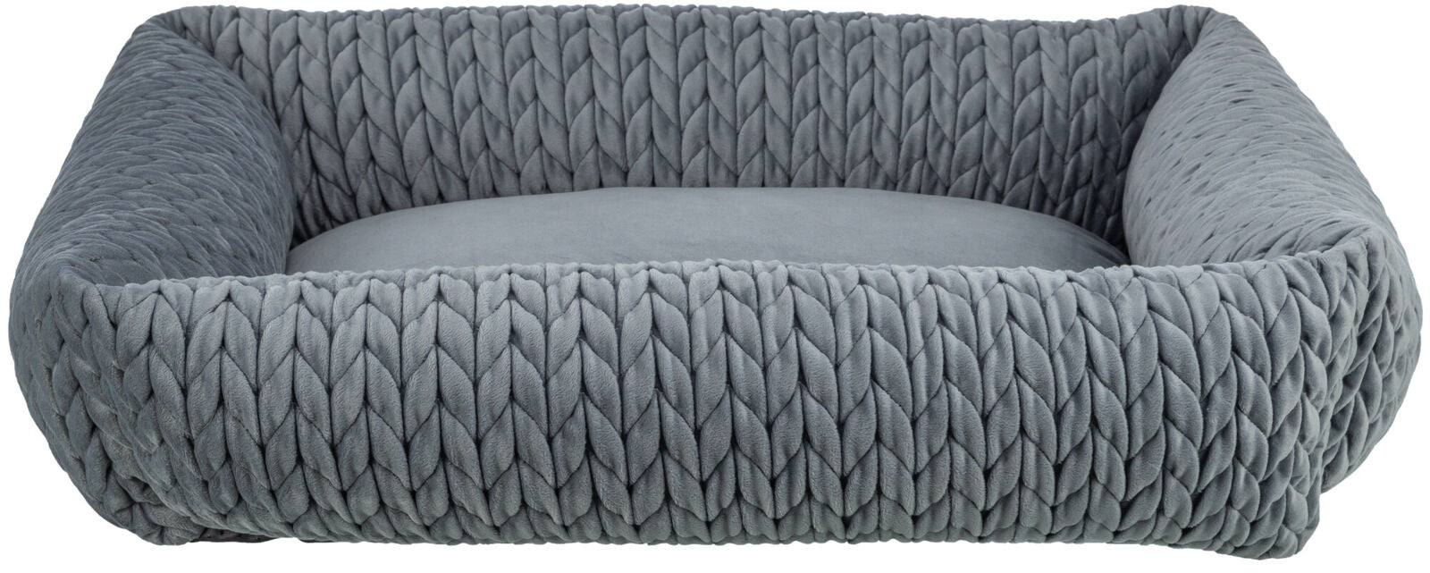 Graues Tierbett mit geflochtenem Muster und weichem, erhöhtem Rand, rundliches Kissen in der Mitte.