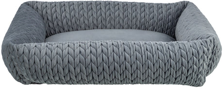 Graues Tierbett mit geflochtenem Muster und weichem, erhöhtem Rand, rundliches Kissen in der Mitte.