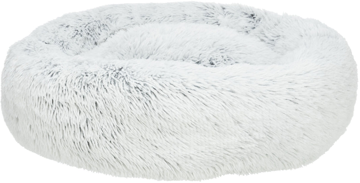 Rundes, flauschiges Bett in Grau mit dicker, weicher Polsterung und plüschiger Oberfläche.