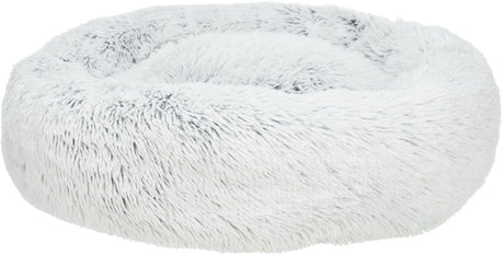 Rundes, flauschiges Bett in Grau mit dicker, weicher Polsterung und plüschiger Oberfläche.