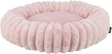 Rundes, flauschiges, rosa Kissen mit geriffeltem Rand.