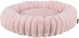 Rundes, flauschiges, rosa Kissen mit geriffeltem Rand.