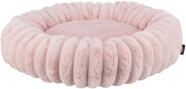 Rundes, flauschiges, rosa Kissen mit geriffeltem Rand.