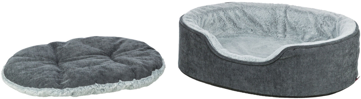 Graues, rundes Haustierbett mit weichem Kissen und plüschiger Innenfläche, geeignet als Liegeplatz.