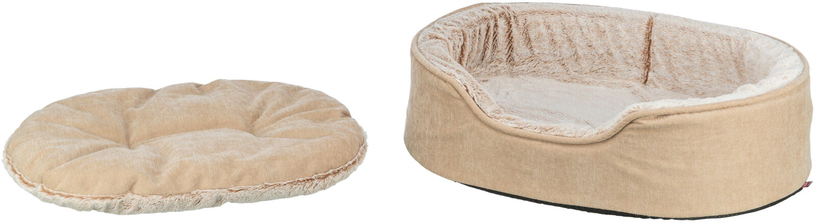 Beige gepolstertes Haustierbett mit rundem Kissen, weiches Innenfutter und flauschige Oberfläche.