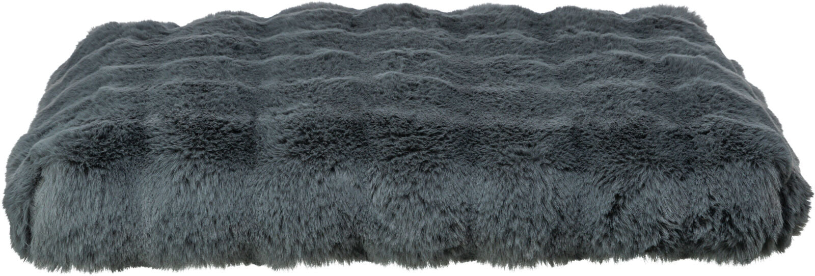 Rechteckiges, graues, flauschiges Kissen mit wellenartiger Struktur auf der Oberfläche.