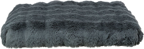 Rechteckiges, graues, flauschiges Kissen mit wellenartiger Struktur auf der Oberfläche.