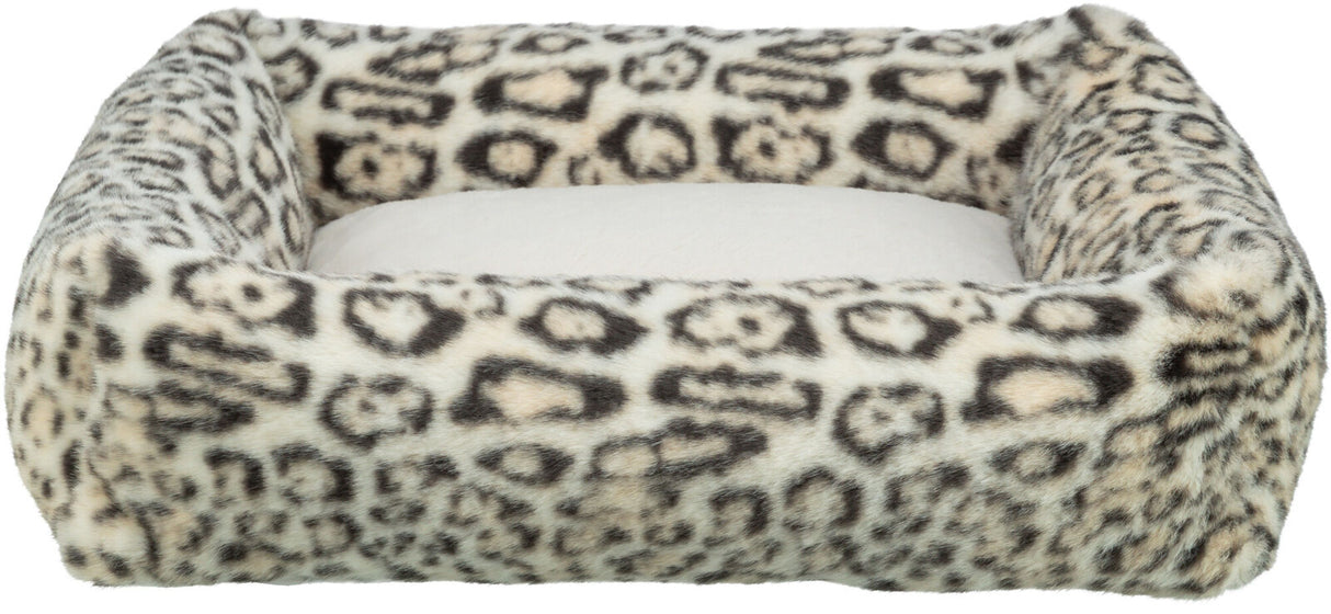 Weiches, rechteckiges Tierbett mit Leopardenmuster, aus plüschartigem Material in Beige und Braun.