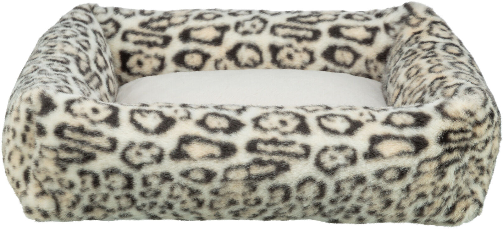Weiches, rechteckiges Tierbett mit Leopardenmuster, aus plüschartigem Material in Beige und Braun.