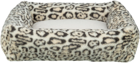 Weiches, rechteckiges Tierbett mit Leopardenmuster, aus plüschartigem Material in Beige und Braun.
