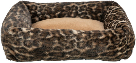 Rechteckiges Katzenbett mit Leopardenmuster, weichem, cremefarbenem Innenkissen und flauschigem Rand.