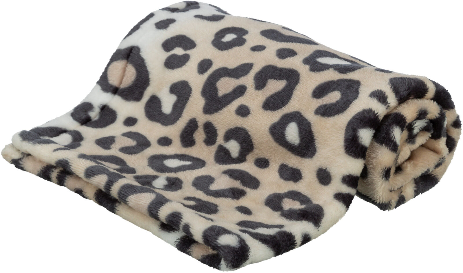 Gebraeunte, flauschige Decke mit dunkelbraunem Leopardenmuster, eng zusammengerollt.