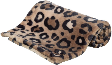 Beigefarbene Decke mit schwarzem Leopardenmuster, weich und flauschig, teilweise aufgerollt.
