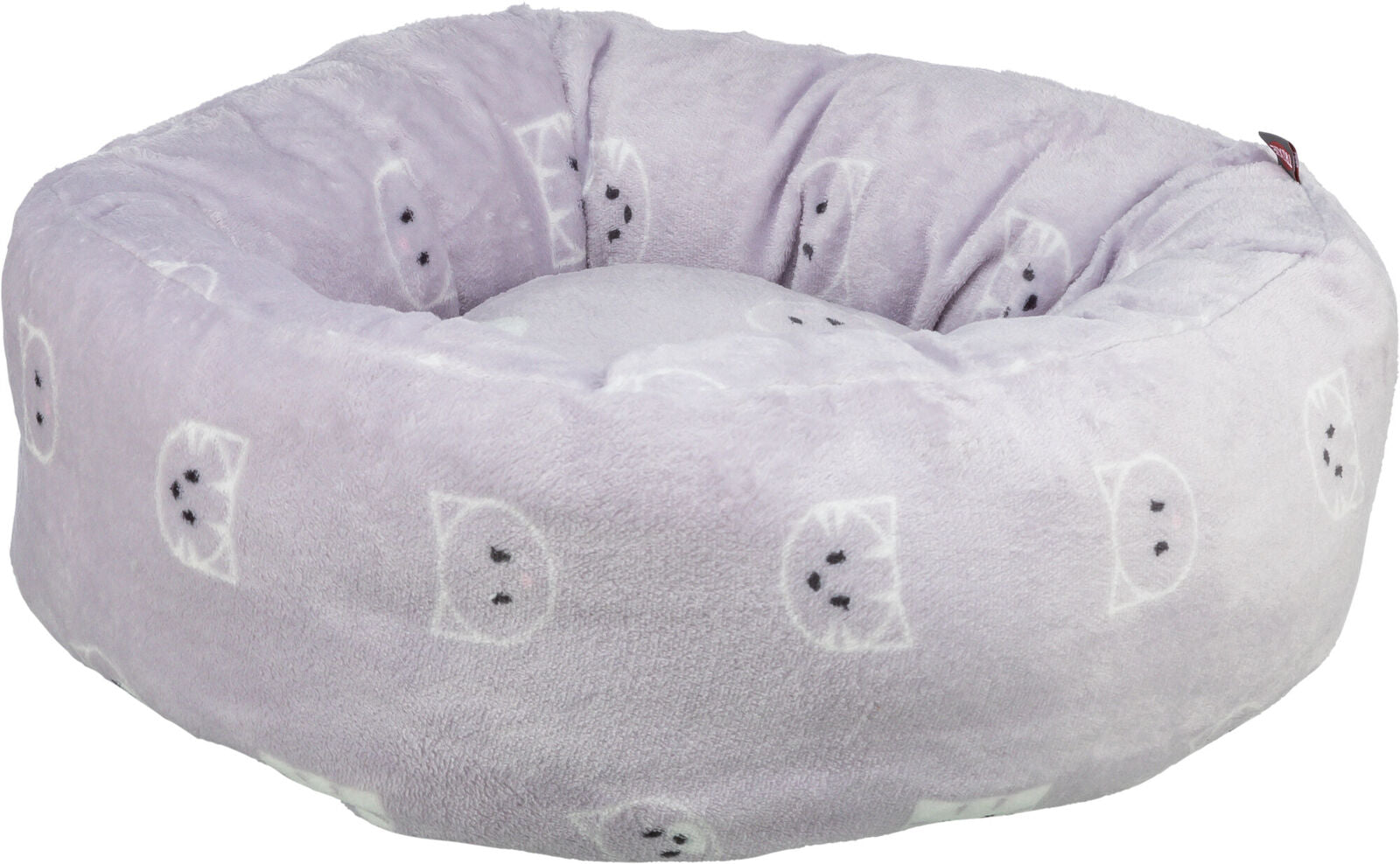 Kuscheliges, rundes, hellviolettes Tierbett mit aufgedruckten weißen Katzengesichtern.