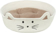 Rundes, weißes Katzenbett mit aufgesticktem Katzengesicht und innen liegendem, beigefarbenem Kissen.