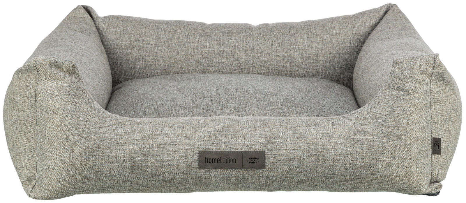 Graues, rechteckiges Hundebett mit erhöhten Seiten und sichtbarem Etikett mit der Aufschrift "homeEdition Trixie".