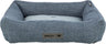 Rechteckiges, blaues Hundebett mit Kissen, gemustertem Stoff und "homeEdition" sowie "TRIXIE"-Logo.
