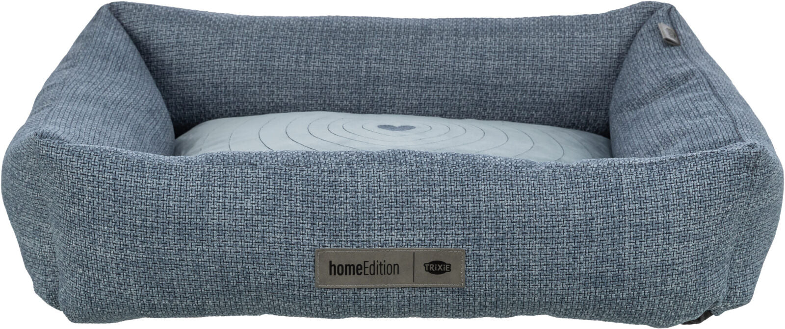 Rechteckiges, blaues Hundebett mit Kissen, gemustertem Stoff und "homeEdition" sowie "TRIXIE"-Logo.