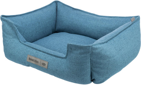 Rechteckiges blaues Stofftierbett mit hohen Seitenwänden und aufgenähtem Label "homeEdition".