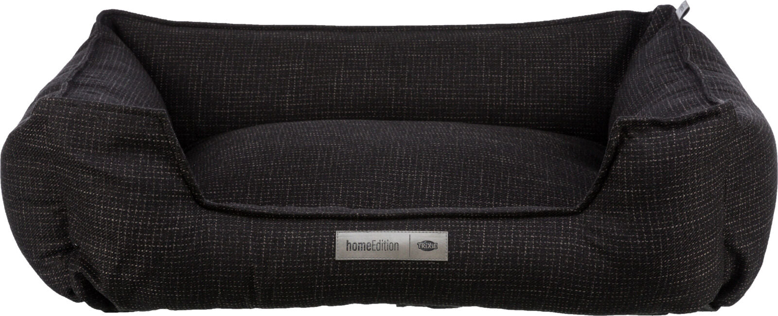 Rechteckiges, dunkelgraues Tierbett mit erhöhtem Rand und aufgenähtem Label "homeEdition Trixie".