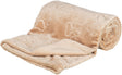 Beige Decke mit aufgedruckten Pfotenmustern, teilweise aufgerollt, weiches Material.