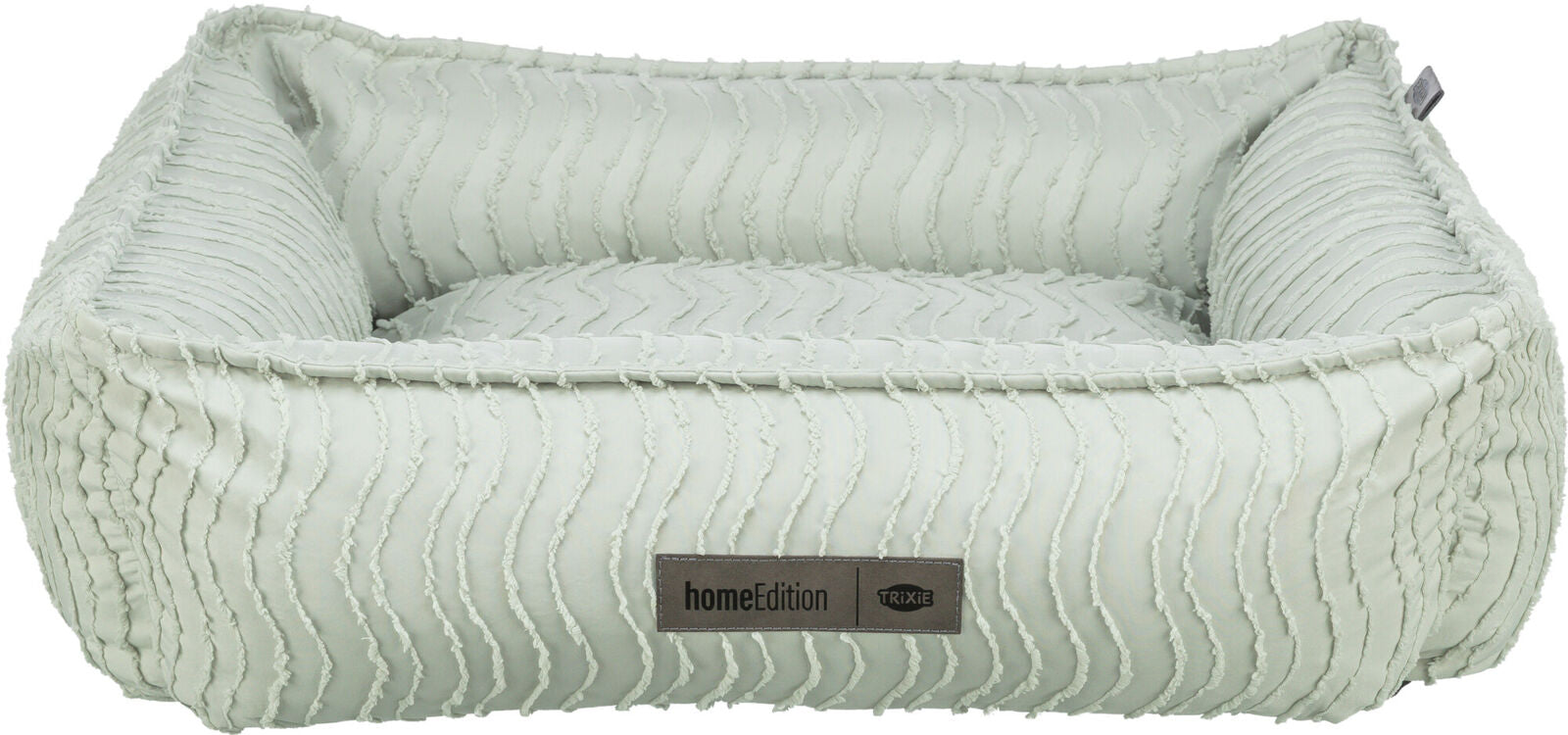 Rechteckiges, pastellgrünes Haustierbett mit wellenartiger Struktur und einem Label "homeEdition Trixie".