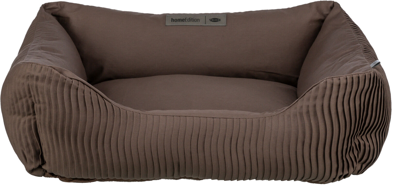 Braunes, gestepptes Haustierbett mit erhöhtem Rand und einem Schild mit Aufschrift "homeEdition TRIXIE".