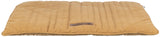 Ein rechteckiges, gepolstertes Kissen in Beige mit Steppnähten und einem Etikett mit der Aufschrift "homeEdition".
