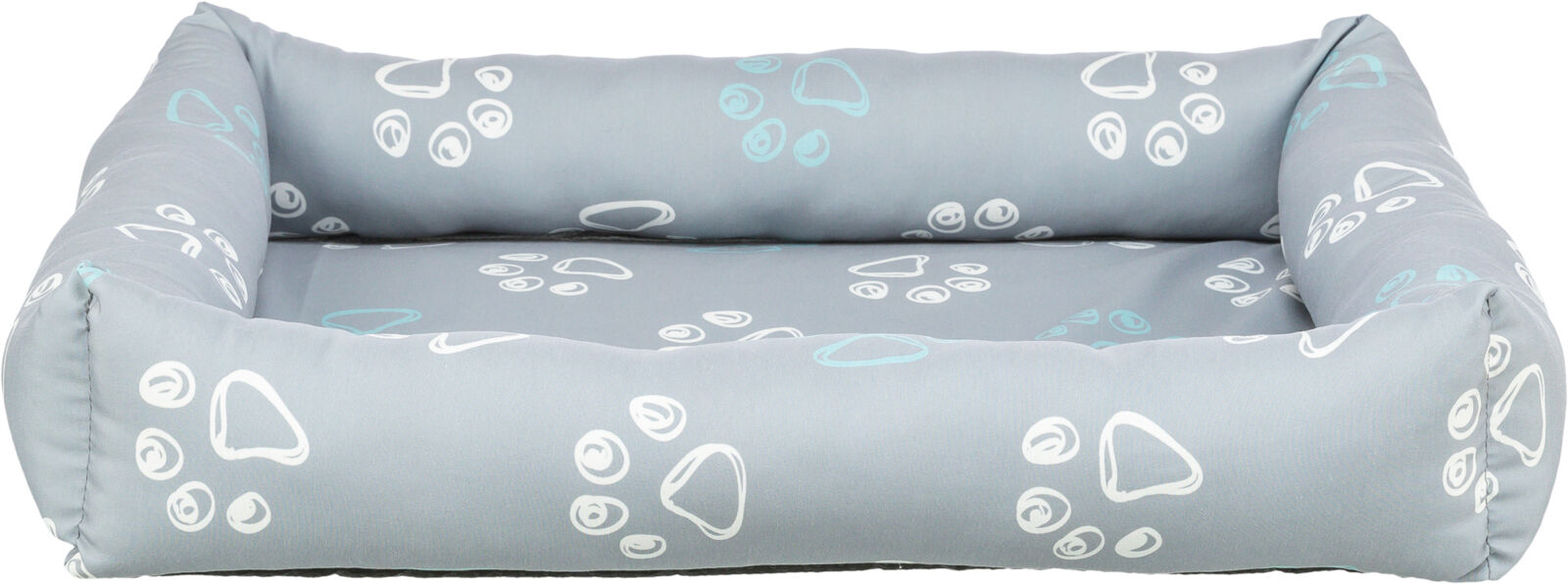 Graues Tierbett mit weißen und hellblauen Pfotenabdrücken auf weicher, gepolsterter Fläche.