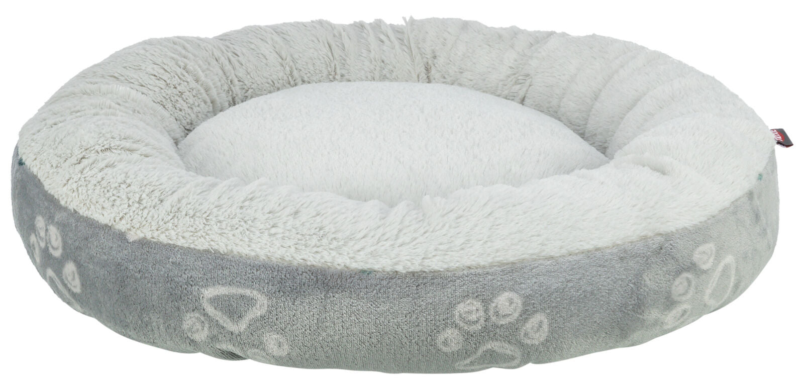 Rundes, flauschiges Tierbett in hellem Grau und Weiß mit Pfotenabdruckmuster auf der Außenseite.