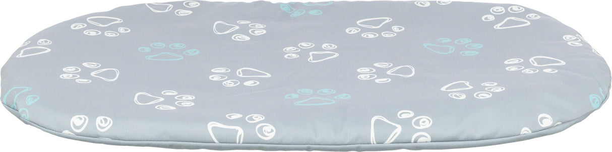 Graues, rundes Kissen mit weißen und hellblauen Pfotenabdrücken als Muster.
