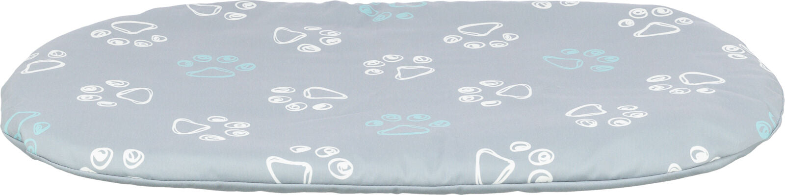 Graues, rundes Kissen mit weißen und hellblauen Pfotenabdrücken als Muster.