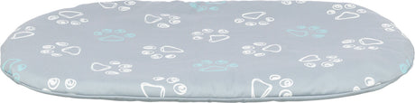 Graues, rundes Kissen mit weißen und hellblauen Pfotenabdrücken als Muster.