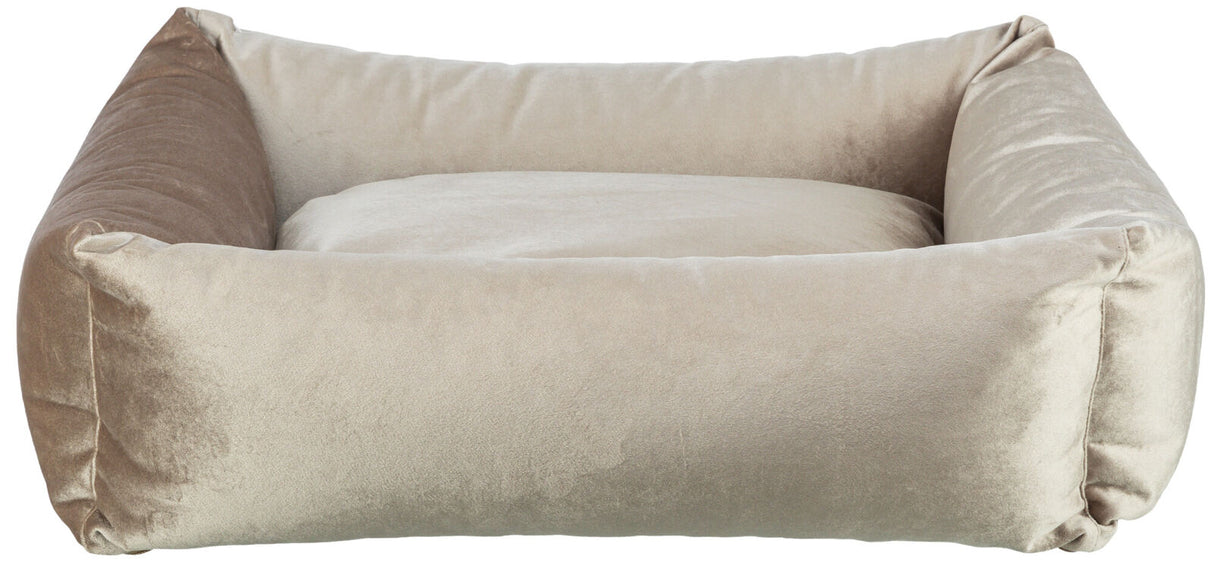 Beiges rechteckiges Kissen mit erhöhtem Rand, teilweise in Braun, aus weichem Material.