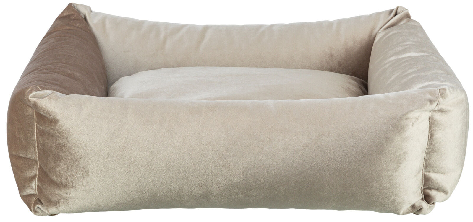 Beiges rechteckiges Kissen mit erhöhtem Rand, teilweise in Braun, aus weichem Material.