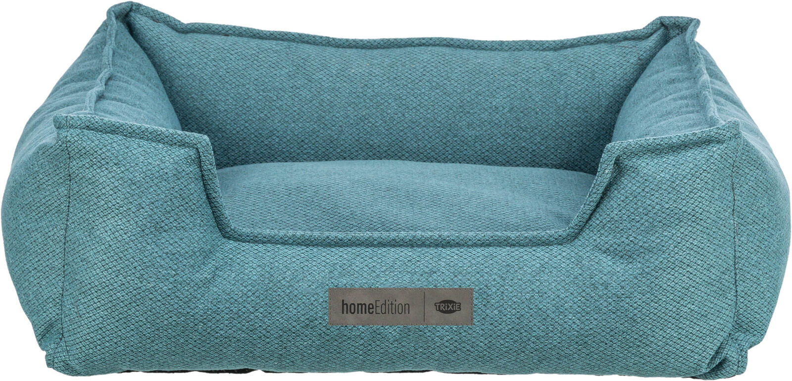 Ein rechteckiges, blaues Tierbett mit erhöhtem Rand, aus texturiertem Stoff, Vorderseite mit „homeEdition“ Label.