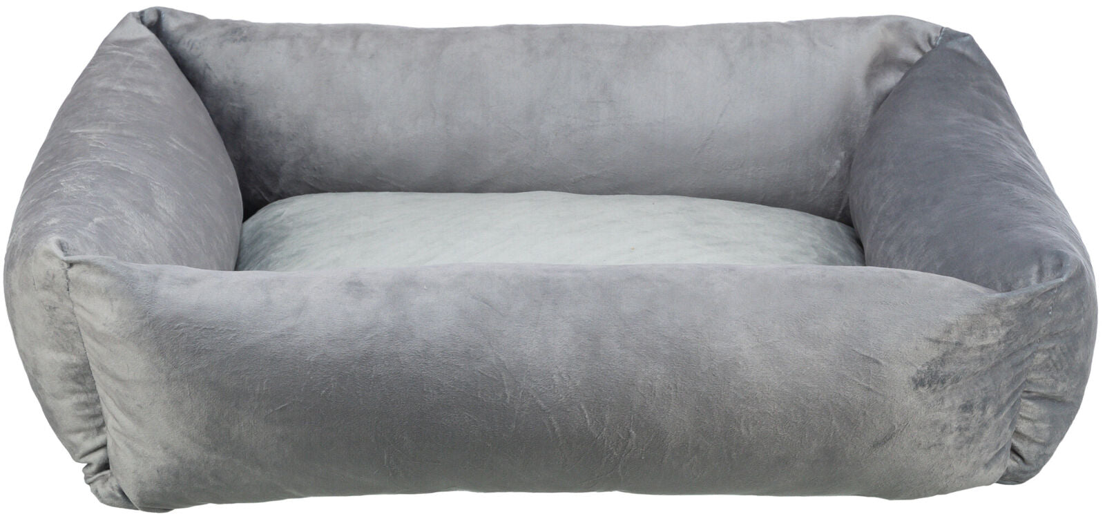 Graues rechteckiges Plüschbett mit weichen, gepolsterten Seiten und flachem Inneren, geeignet für Haustiere.