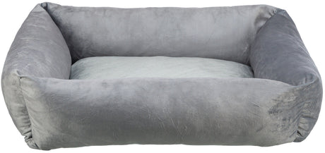 Graues rechteckiges Plüschbett mit weichen, gepolsterten Seiten und flachem Inneren, geeignet für Haustiere.