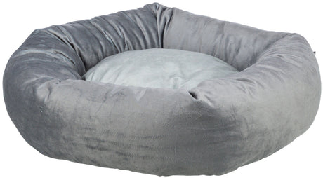 Graues, weiches, rundes Hundebett mit hohem Rand und einer flachen Matte in der Mitte.