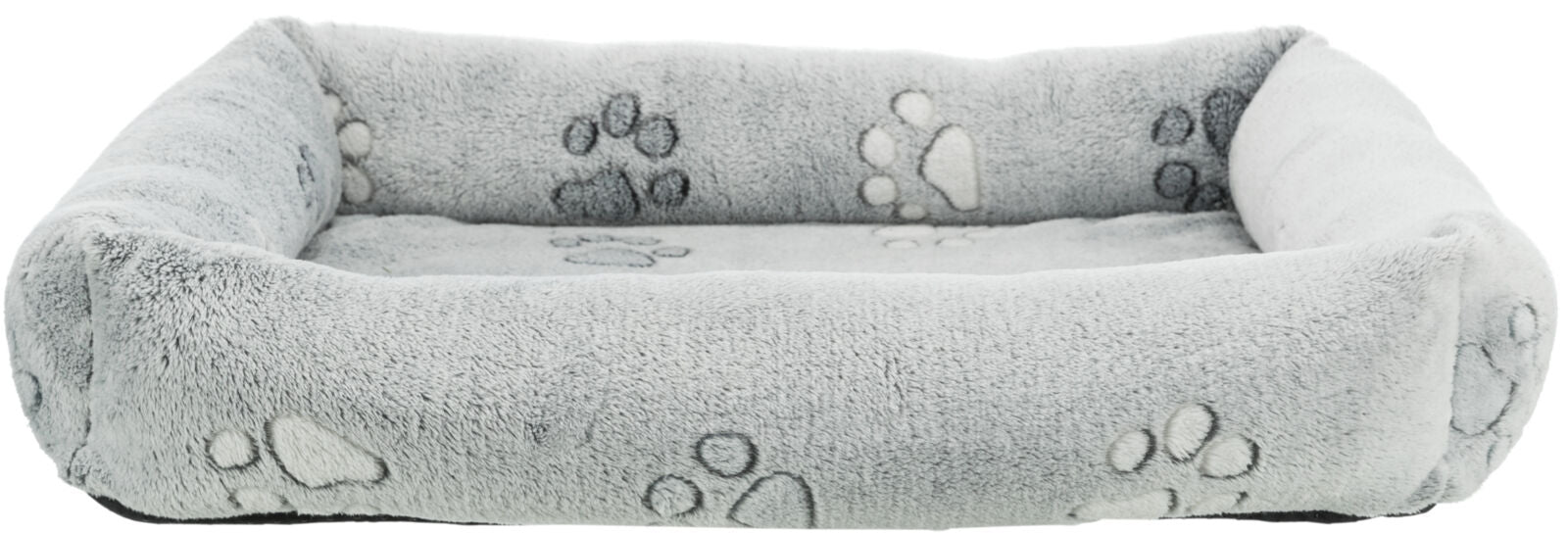 Graues, rechteckiges Plüschbett mit Pfotenmuster an den Seiten und auf der Liegefläche.