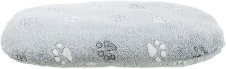 Graues, ovales Kissen mit Pfotenabdruckmuster in Weiß und Dunkelgrau.