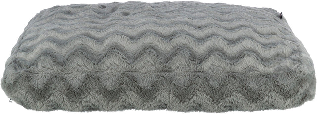 Graues, rechteckiges Kissen mit wellenförmigem Muster und flauschiger Textur.