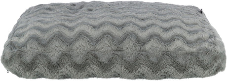 Graues, rechteckiges Kissen mit wellenförmigem Muster und flauschiger Textur.