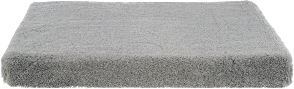 Graues, flauschiges rechteckiges Kissen oder Polster mit weicher Textur, vollständig sichtbar.