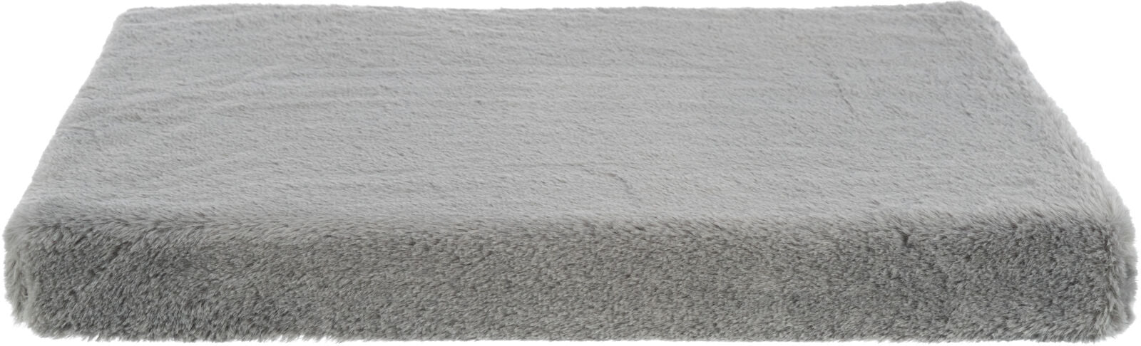 Graues, flauschiges rechteckiges Kissen oder Polster mit weicher Textur, vollständig sichtbar.