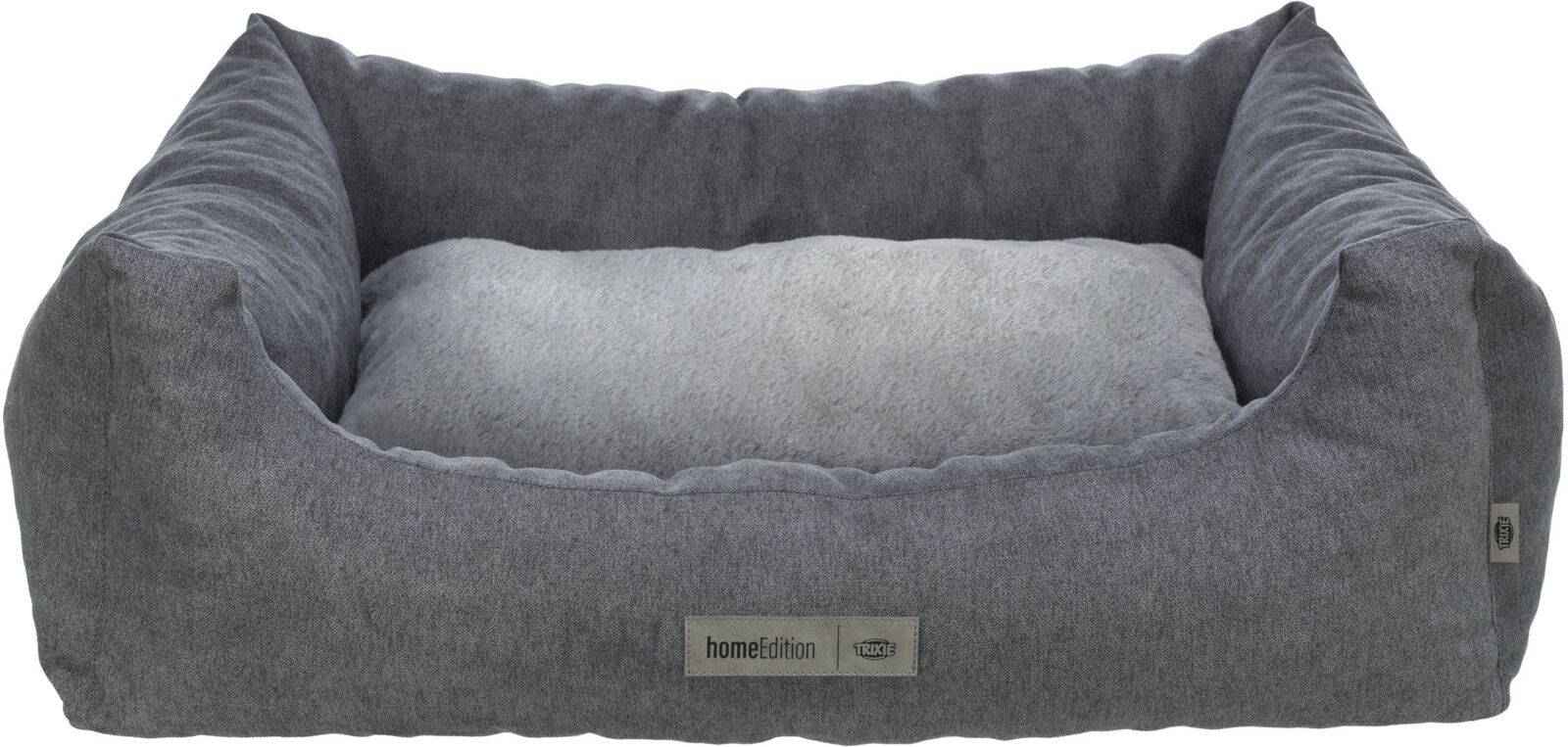 Graues, rechteckiges Hundebett mit hohem Rand und weicher, hellgrauer Liegefläche, „homeEdition“-Label sichtbar.