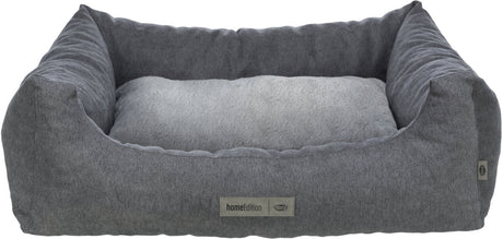 Graues, rechteckiges Hundebett mit hohem Rand und weicher, hellgrauer Liegefläche, „homeEdition“-Label sichtbar.