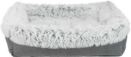 Weiches, rechteckiges Tierbett mit flauschigem, grauem Fellbezug und erhöhtem Rand.
