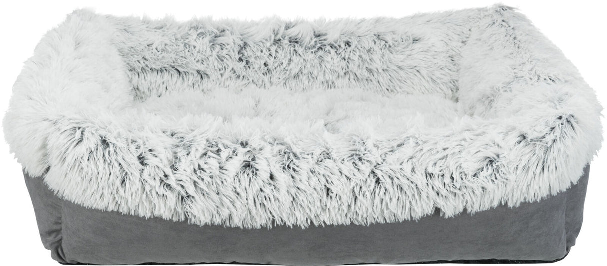 Weiches, rechteckiges Tierbett mit flauschigem, grauem Fellbezug und erhöhtem Rand.