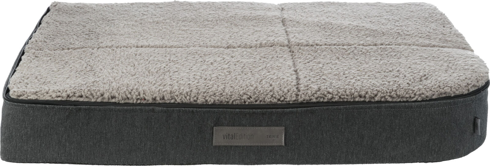 Rechteckiges graues Hundebett mit grauer, weicher Oberseite und Aufschrift "vitalEdition TRIXIE".